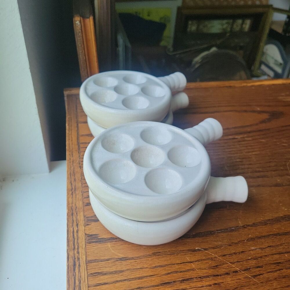 Vtg White Cream Ceramic Escargot Snail Baking Dishes Handled Set of 4 MCM Crazed